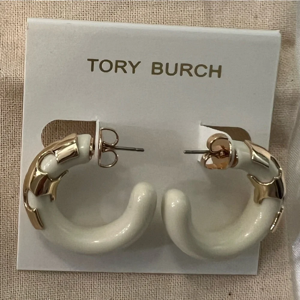 🆕Tory Burch Signature Logo Chunky Resin Hoop Earrings::NWT::Gold Creamy Ivory